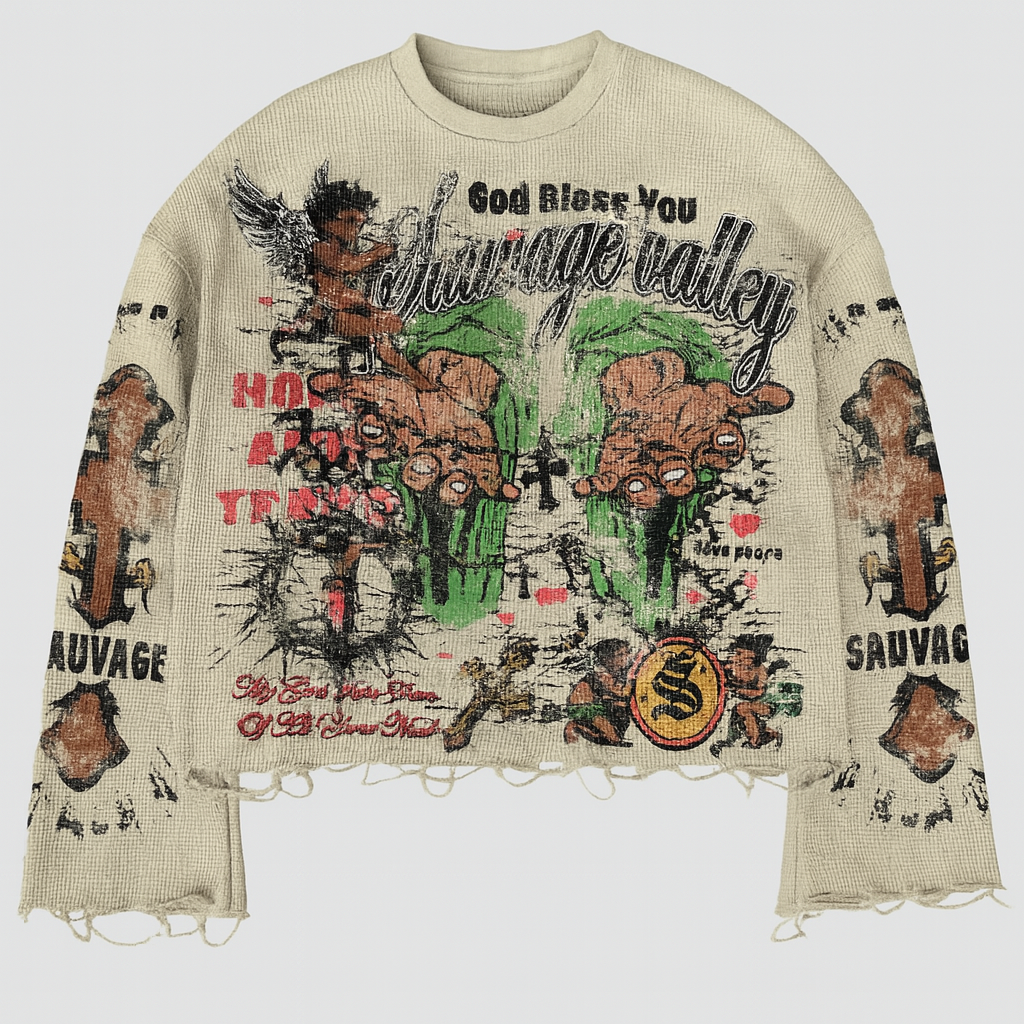 Sauvage Valley Distressed Waffle Knit Crewneck